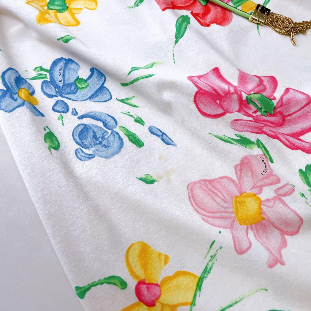 高級✨レオナール 花柄ワンピース トリム ベルト ゴールド金具 ロゴ刻印 L