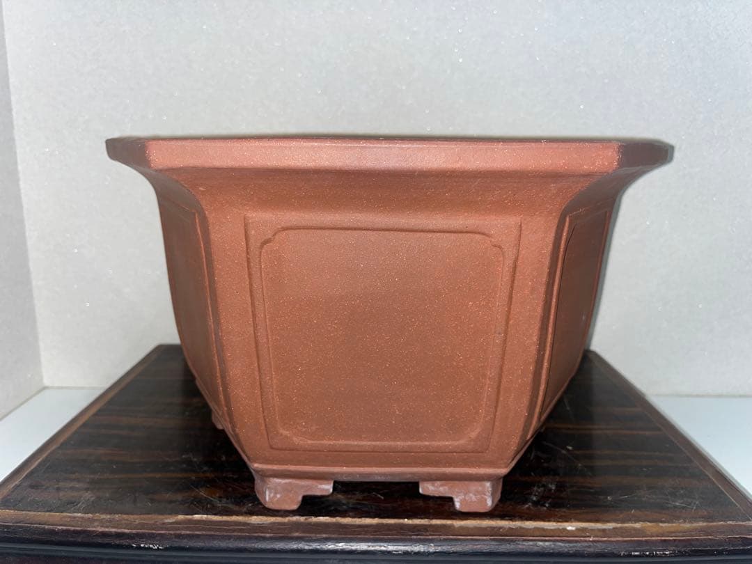 希少！！大型　朱泥六角切脚額入懸崖鉢　ラン鉢　正方　盆栽鉢