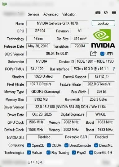 NVIDIA GeForce GTX 1070 グラフィックボード