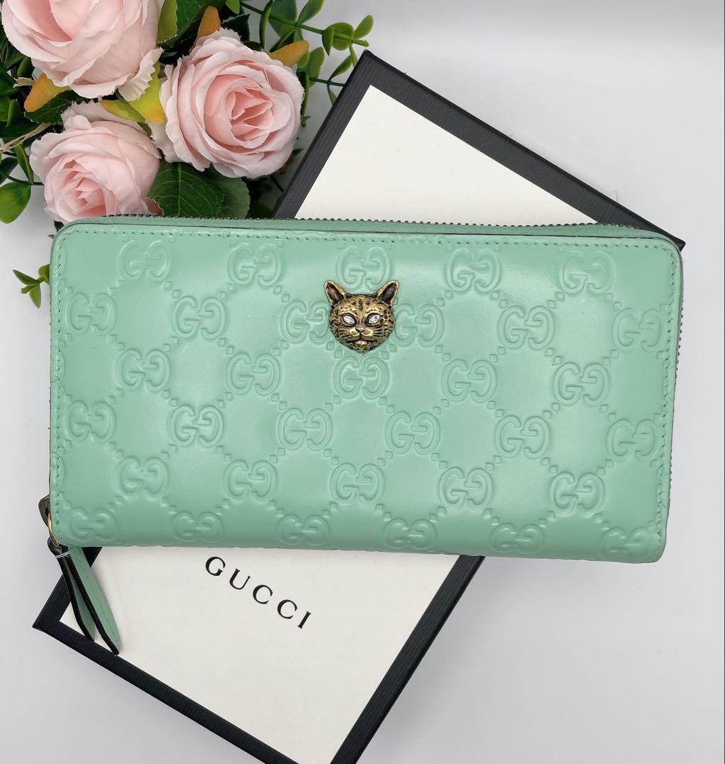 日本限定カラー グッチ リネアキャット シマ 長財布 ミント ラウンドファスナー
