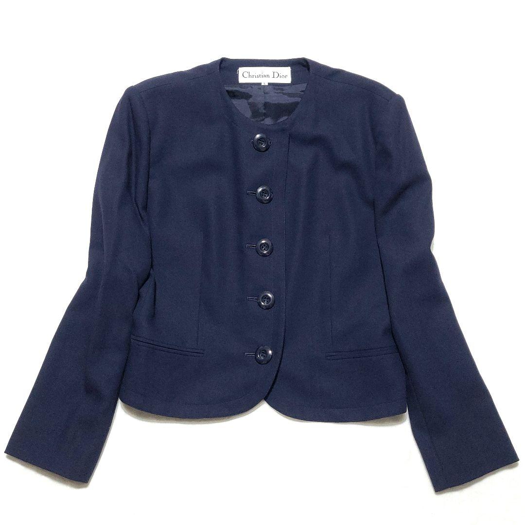 美品♡Dior　スカートスーツセットアップ ノーカラー ウール 大きいサイズ 紺