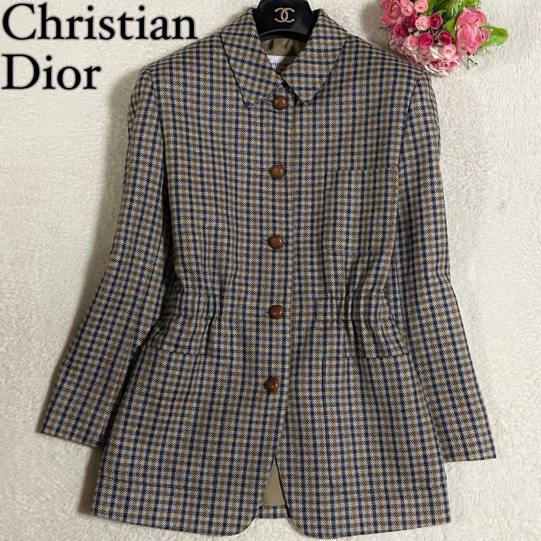 【美品】クリスチャンディオール ハーフコート チェック イエロー×グレー M