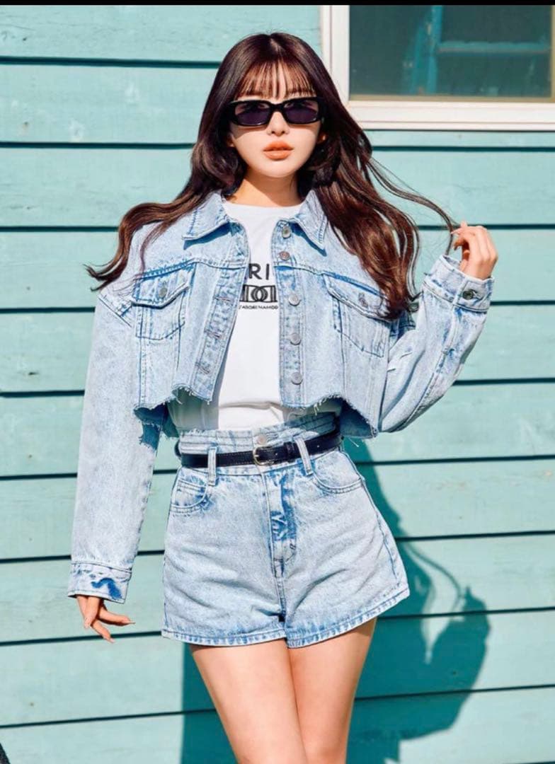 ドロップショルダーショートGジャン ハイウエストデニムショートパンツ ダーリッチ