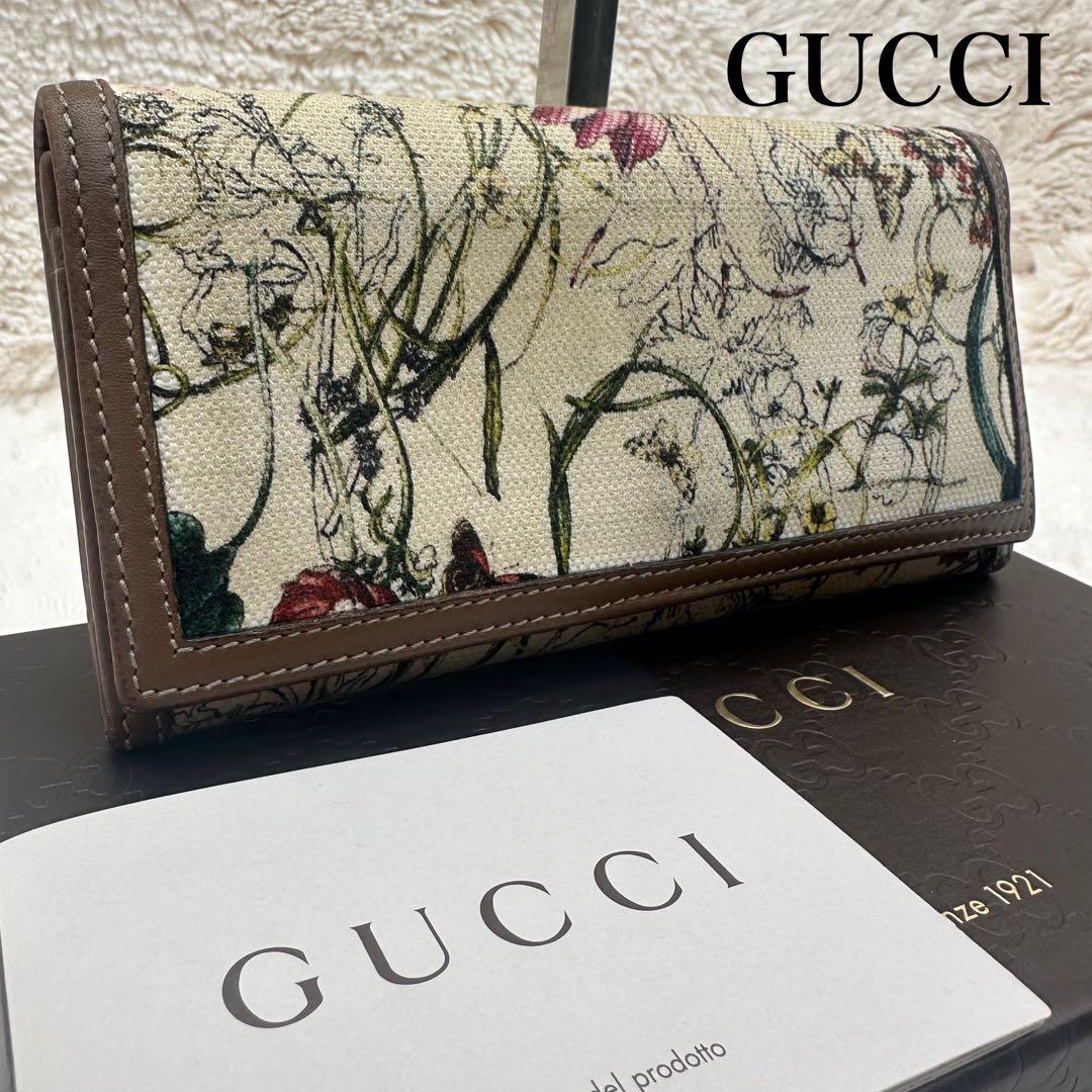 ✨箱あり✨美品　グッチ　長財布　二つ折り財布　フローラ　キャンバス　茶色　白