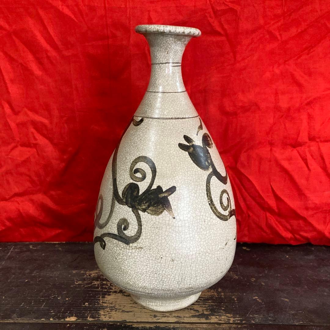 中国　鉄絵　瓶　徳利　蔓草図