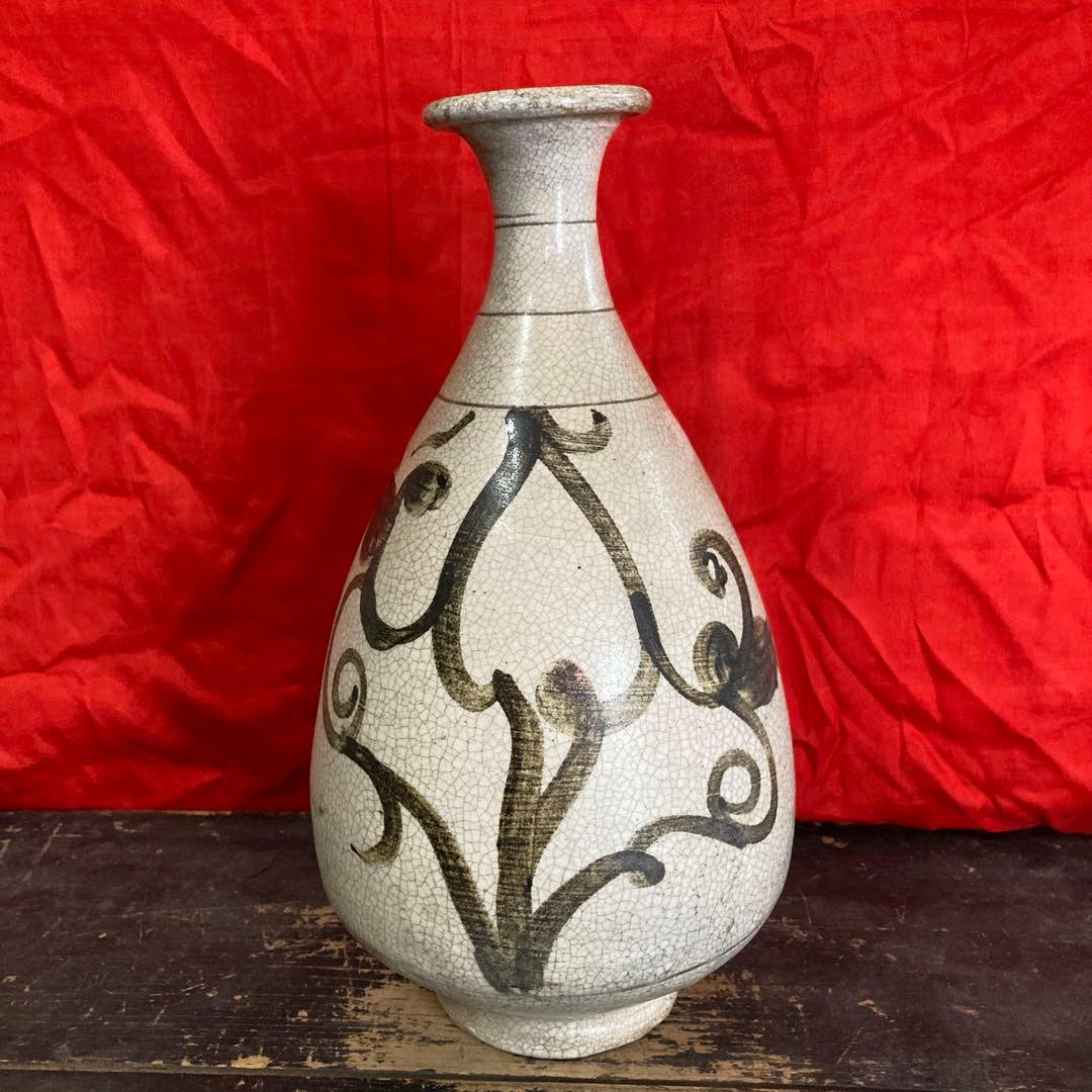 中国　鉄絵　瓶　徳利　蔓草図