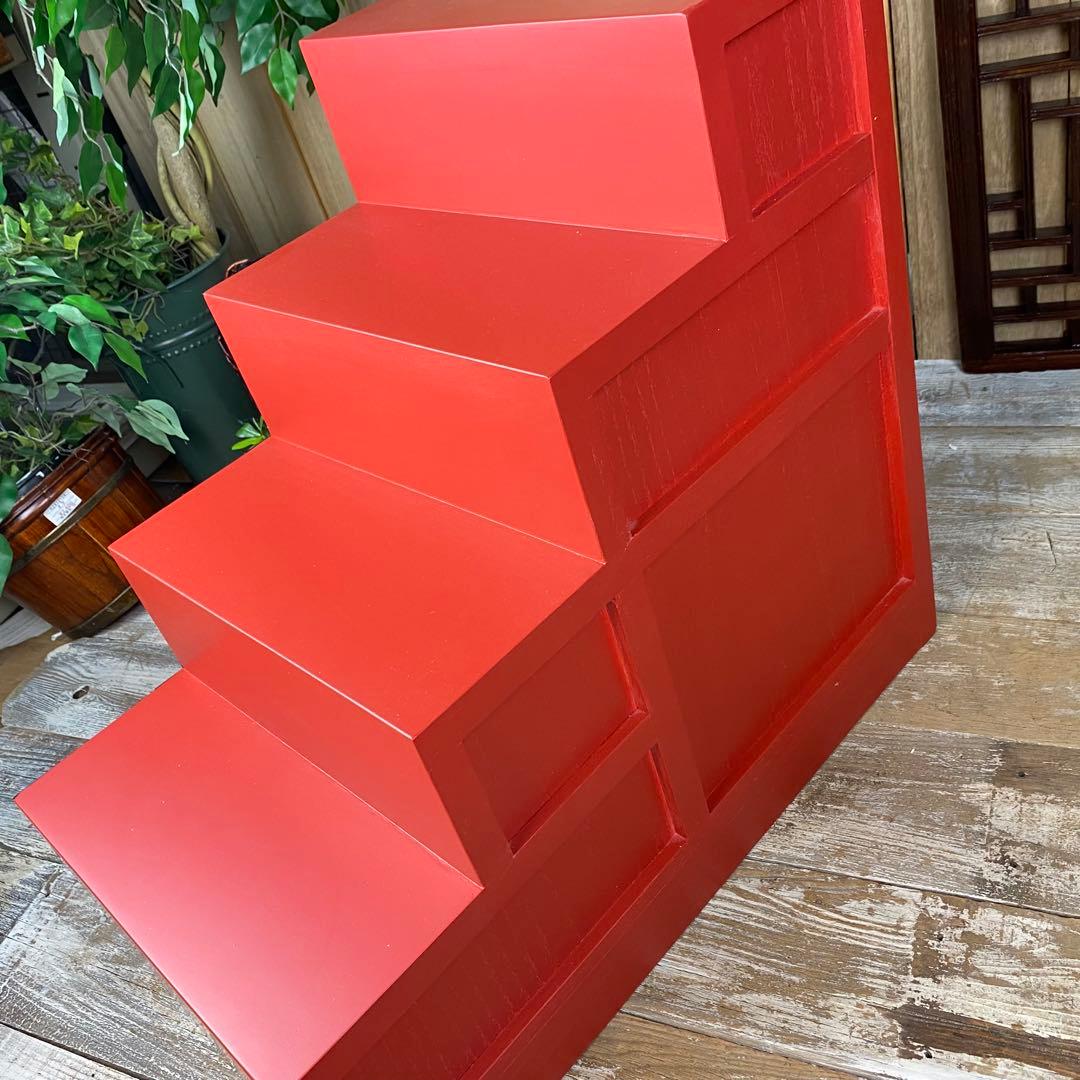 在庫処分セール！民芸家具引き戸付き階段箪笥右下がり朱色木製桐材無垢チェストタンス