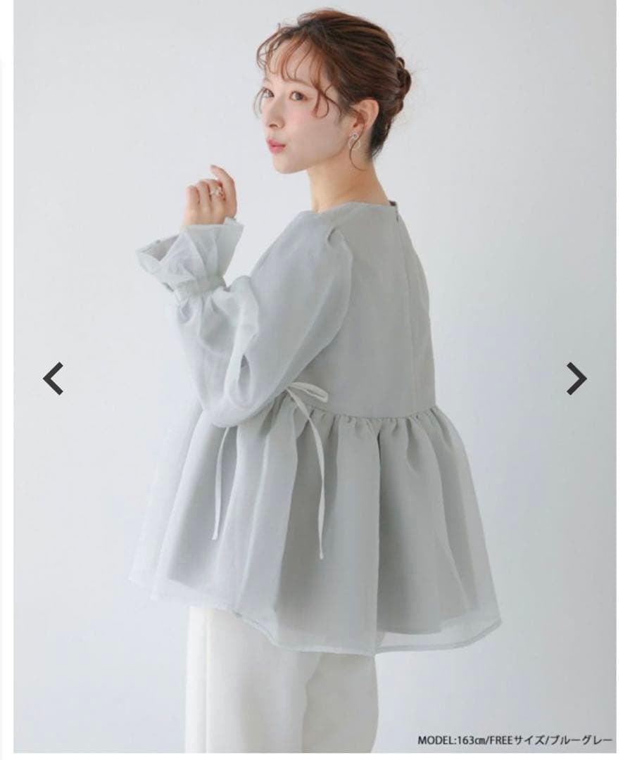 ⭐︎新品⭐︎Fitmoreクリンクルオーガンジーボリュームスリーブトップスブルー