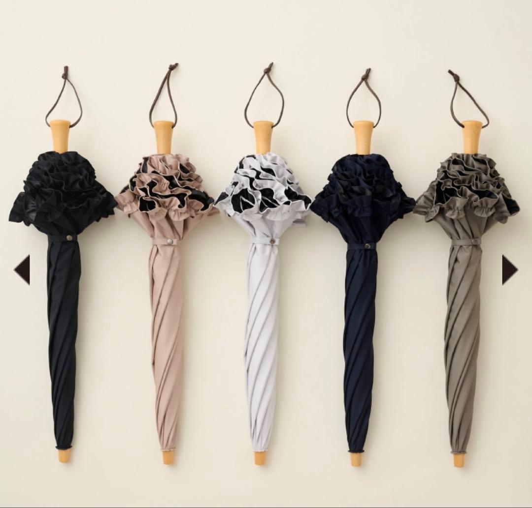 サンバリア100 2段折フリルブラック木ストレート手元完全遮光日傘二段折黒