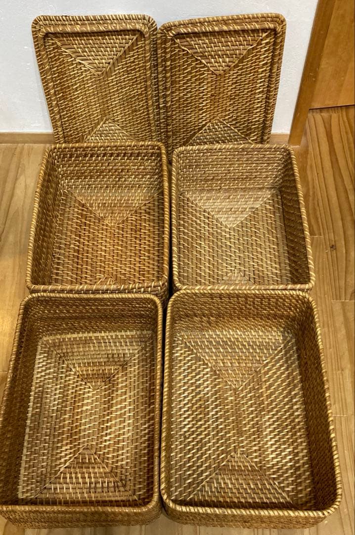 無印良品　ラタン製　バスケット4個+蓋2個セット