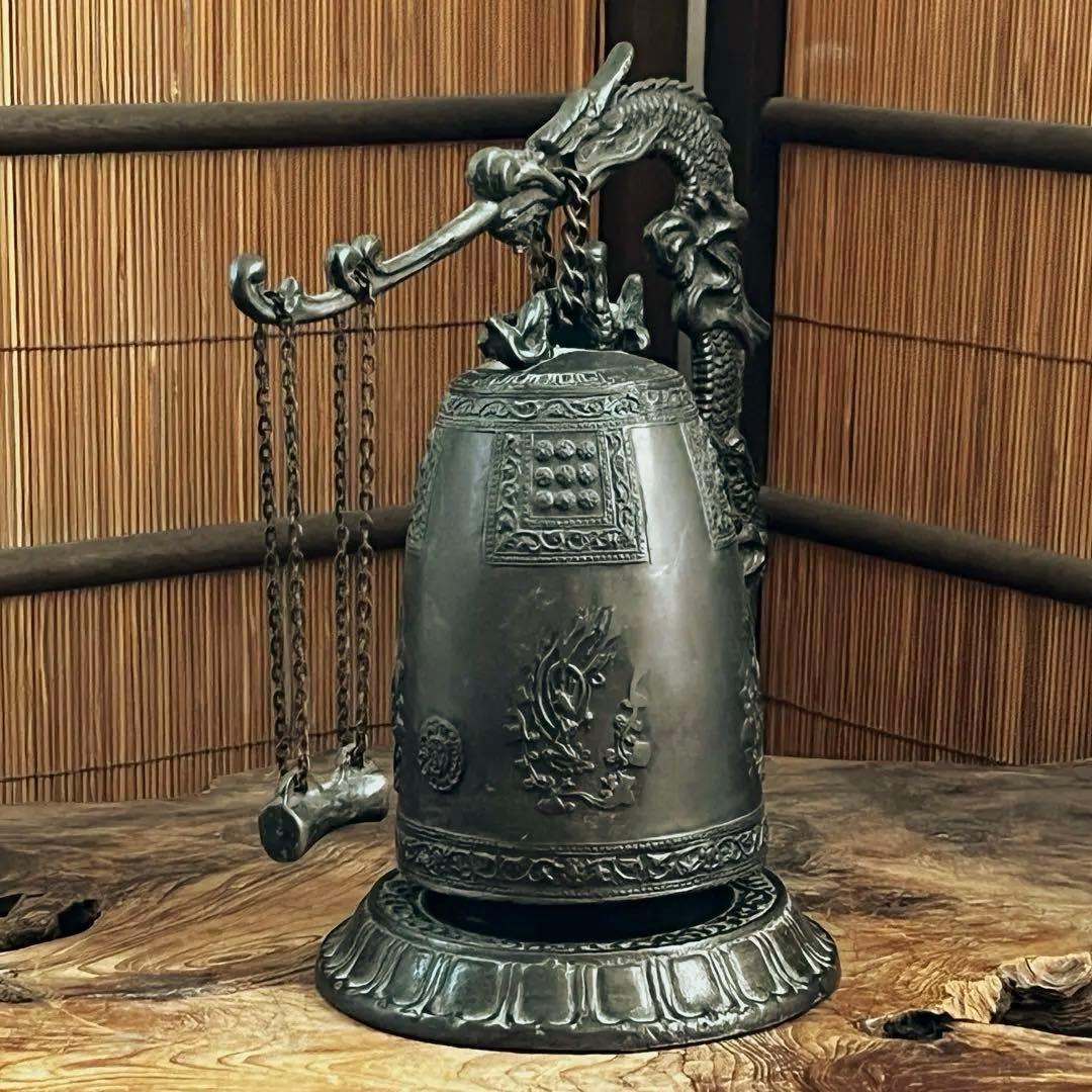 仏教美術 古銅製 釣鐘 龍台座 鳴物