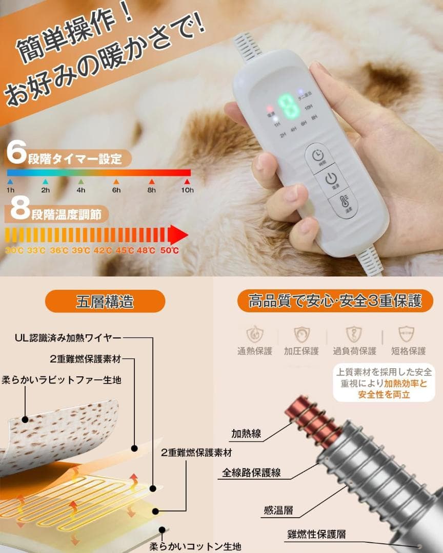 電気毛布 【表面兎毛調+裏面コットン調】 掛け敷き兼用 190x130cm 特大