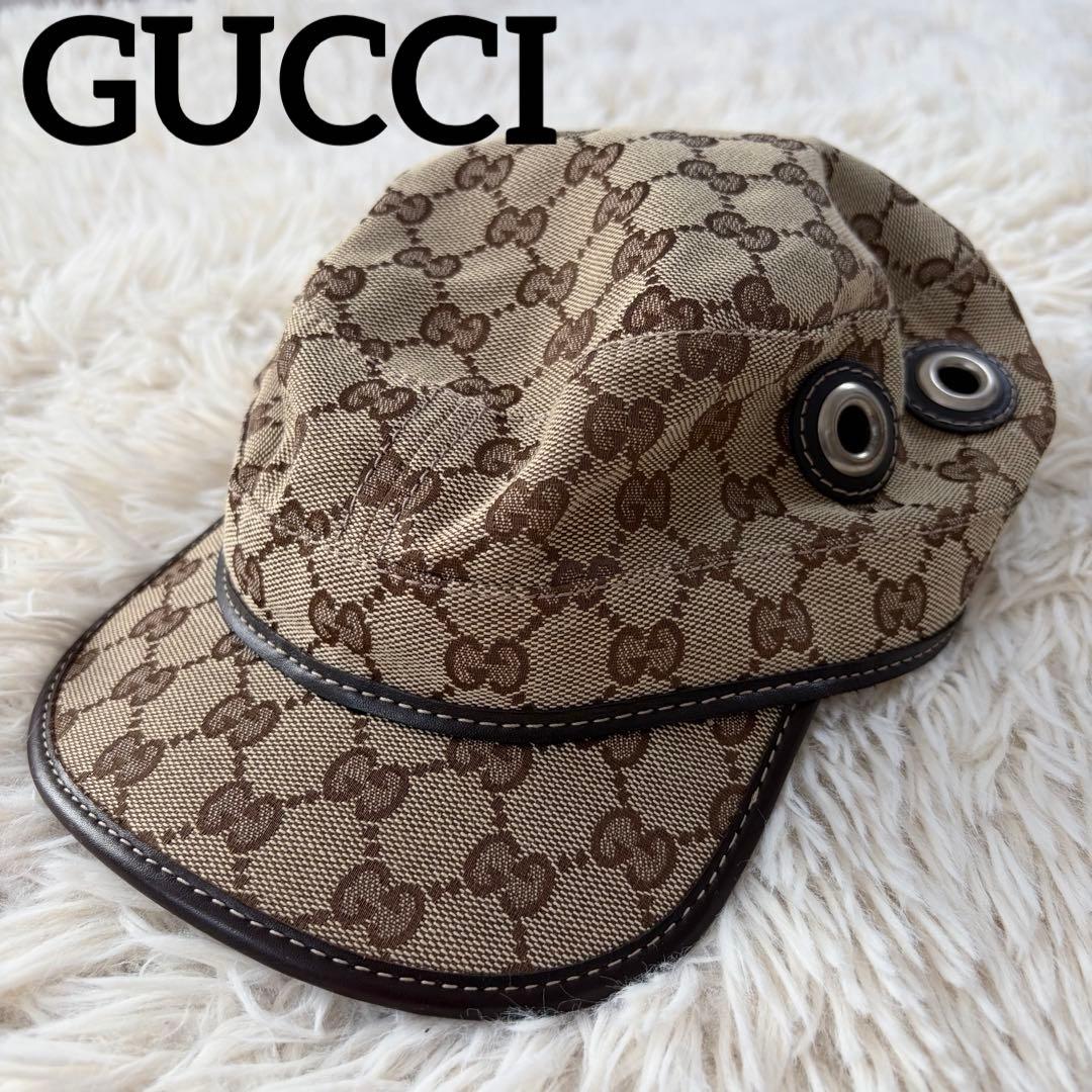 【極美品】グッチ GUCCI ワークキャップ GGスプリーム レザー キャンバス
