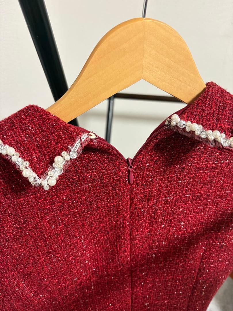 赤　レッド　キャバドレス　ミニドレス　ツイード　プリーツ　ノースリーブ　XS