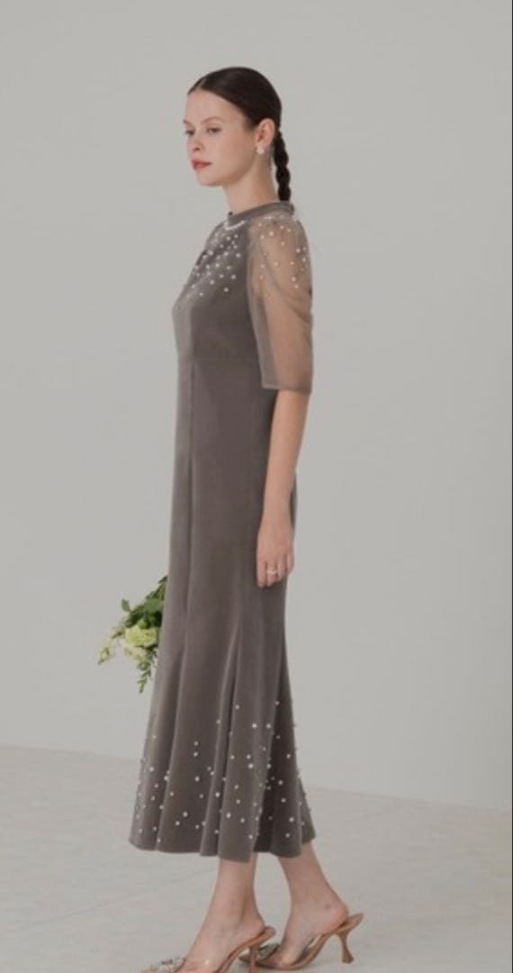 【LEJA】シアースリーブパールビジューベロアマーメイドドレスワンピース