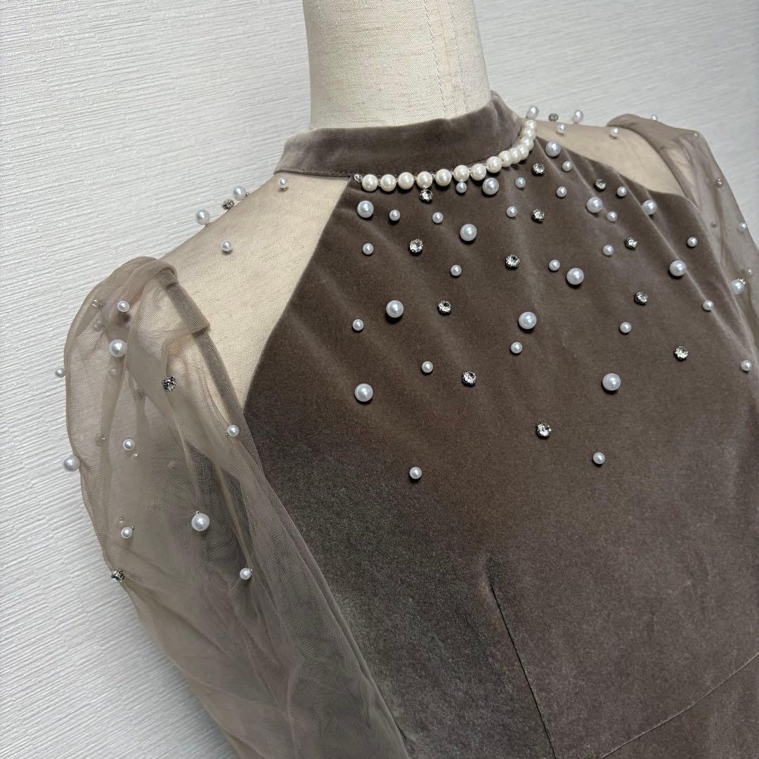 【LEJA】シアースリーブパールビジューベロアマーメイドドレスワンピース