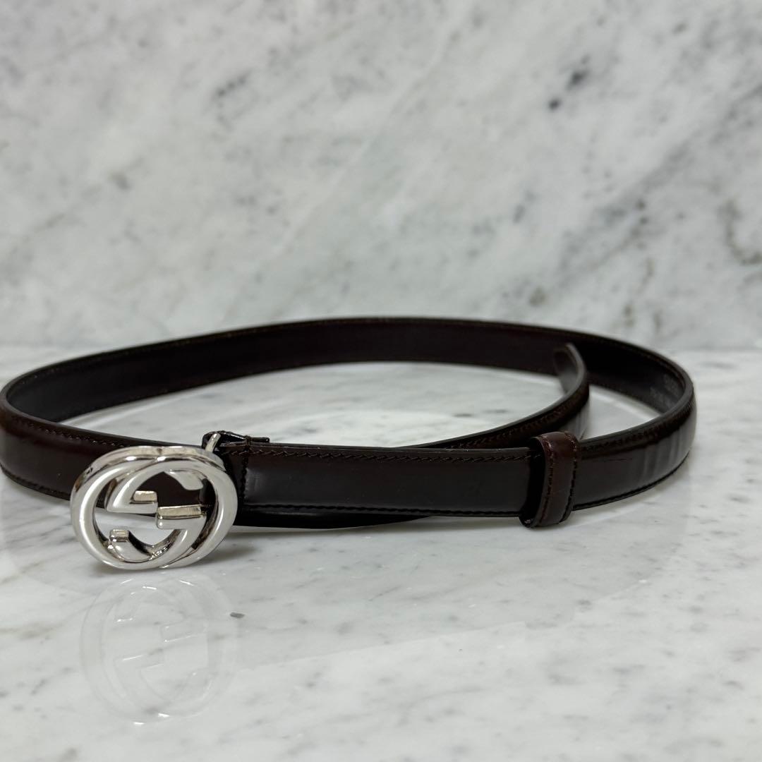 GUCCI グッチ ベルト 細ベルト 本革 レザー ブラウン GG 銀 シルバー