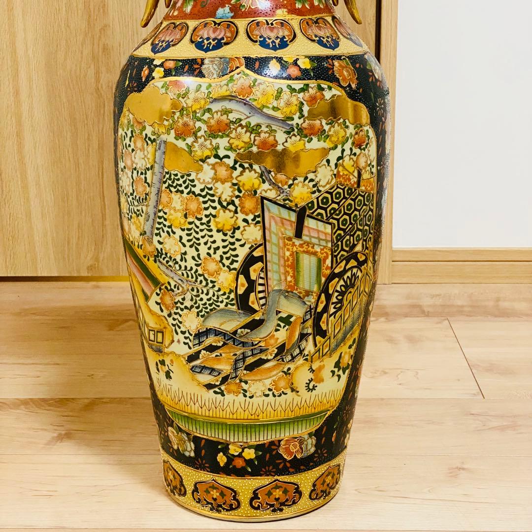 【匿名配送】飾り壺 61cm 大型 金彩耳 薩摩焼 花 蝶 車 陶器 花瓶