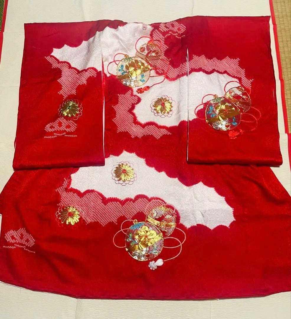 お宮参り　産着　掛け着　金駒刺繍　絞り　正絹　高級　半襟　七五三　女の子　長襦袢