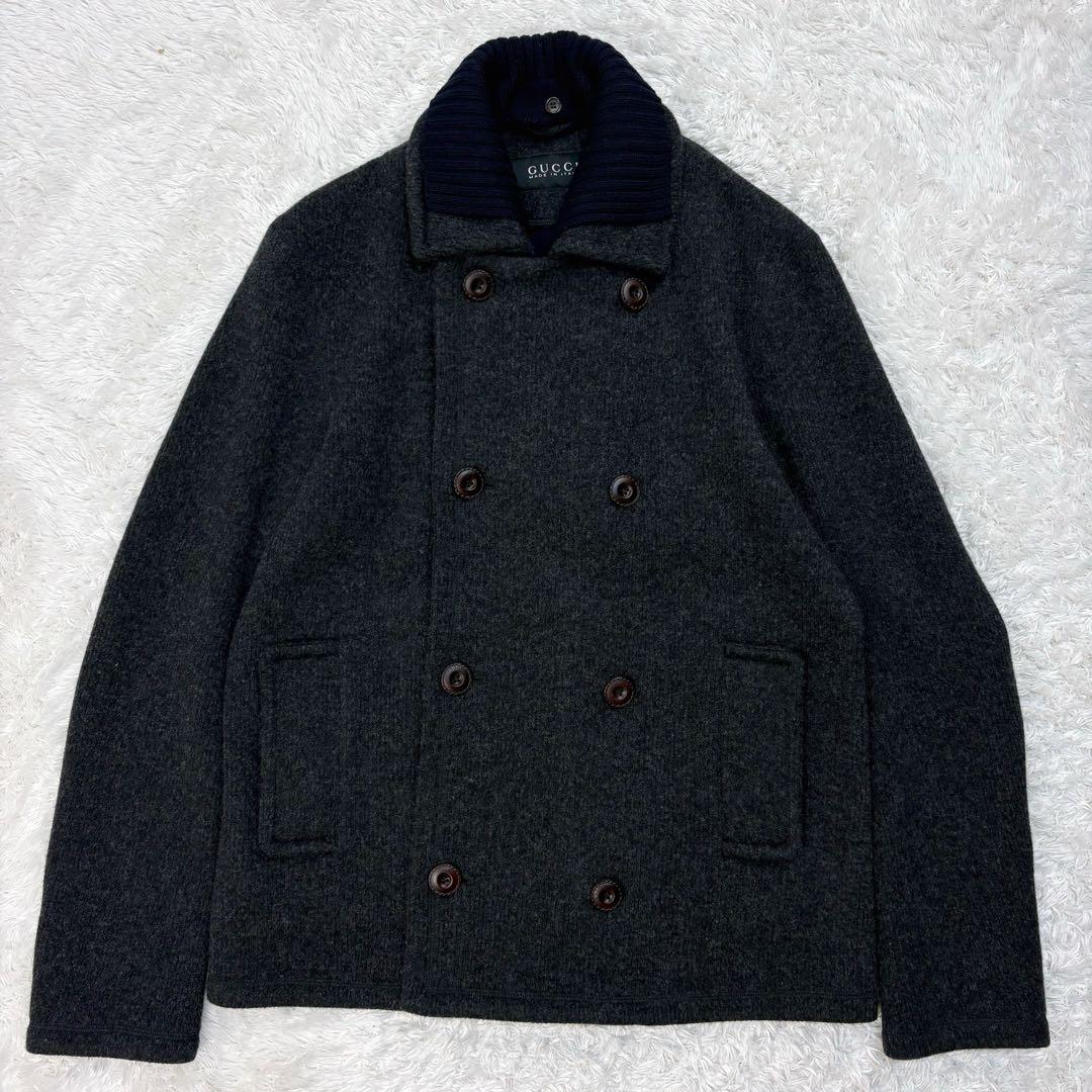 347【美品・超希少】グッチ☆革ボタン付け襟Pコート ニット襟 アーカイブ