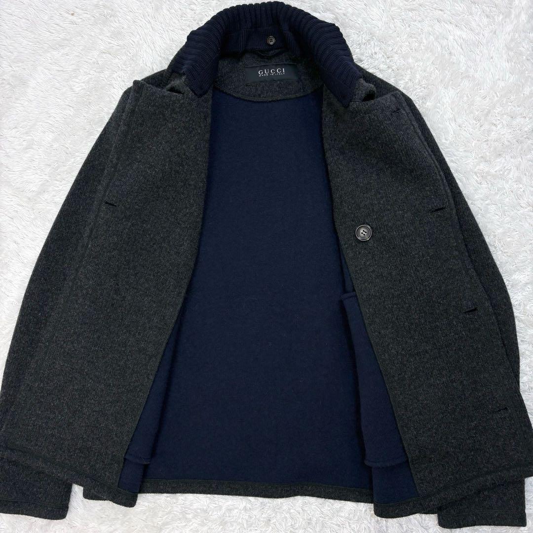 347【美品・超希少】グッチ☆革ボタン付け襟Pコート ニット襟 アーカイブ