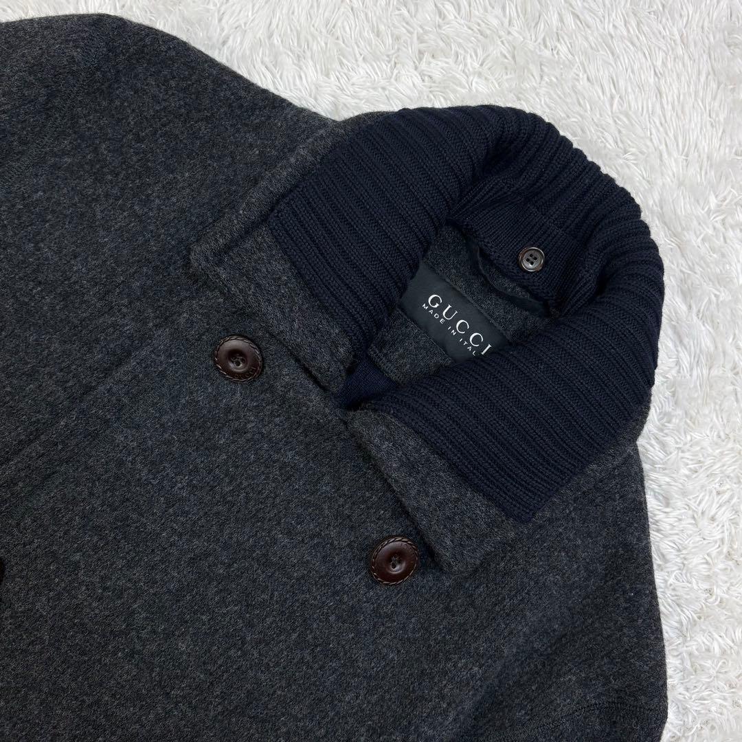 347【美品・超希少】グッチ☆革ボタン付け襟Pコート ニット襟 アーカイブ
