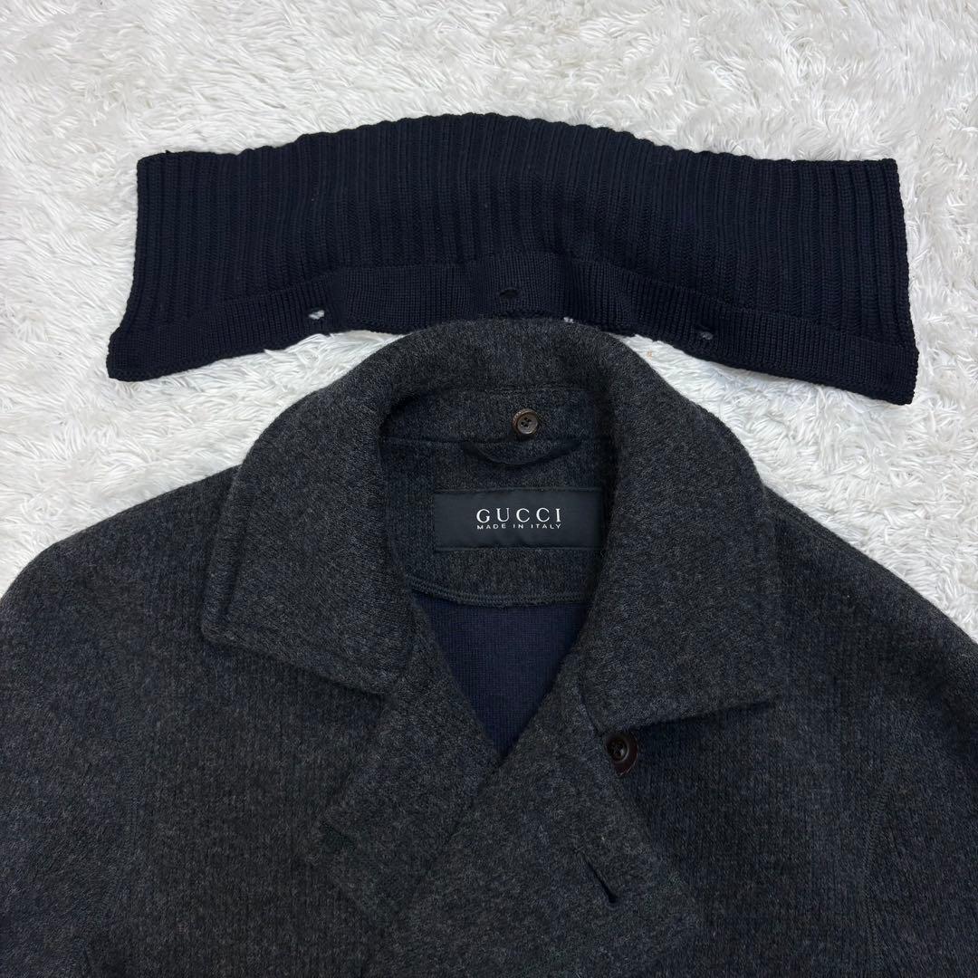 347【美品・超希少】グッチ☆革ボタン付け襟Pコート ニット襟 アーカイブ