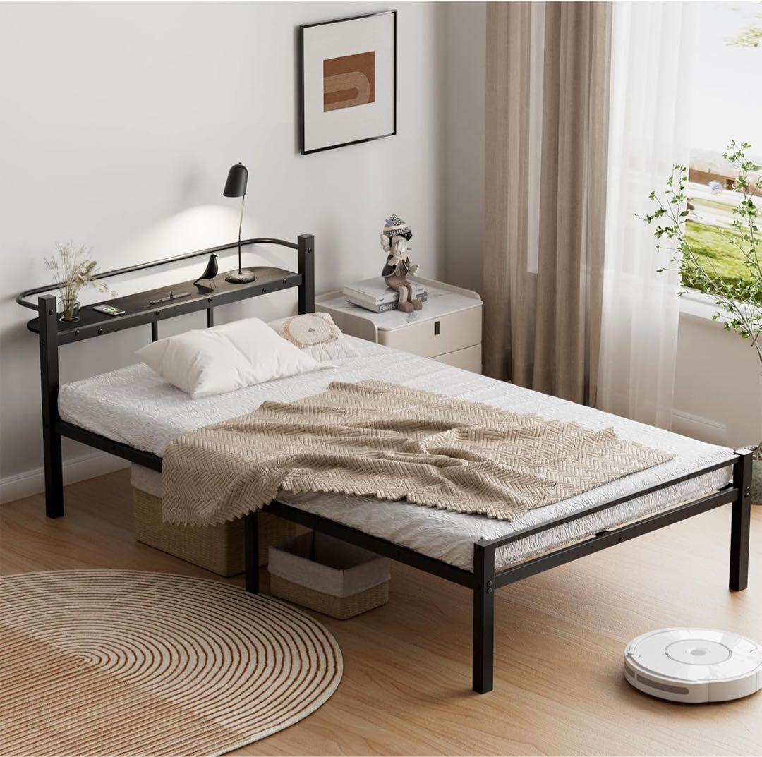 ベッドフレーム シングル ベッド 2口コンセント 耐荷重300kg ホワイト