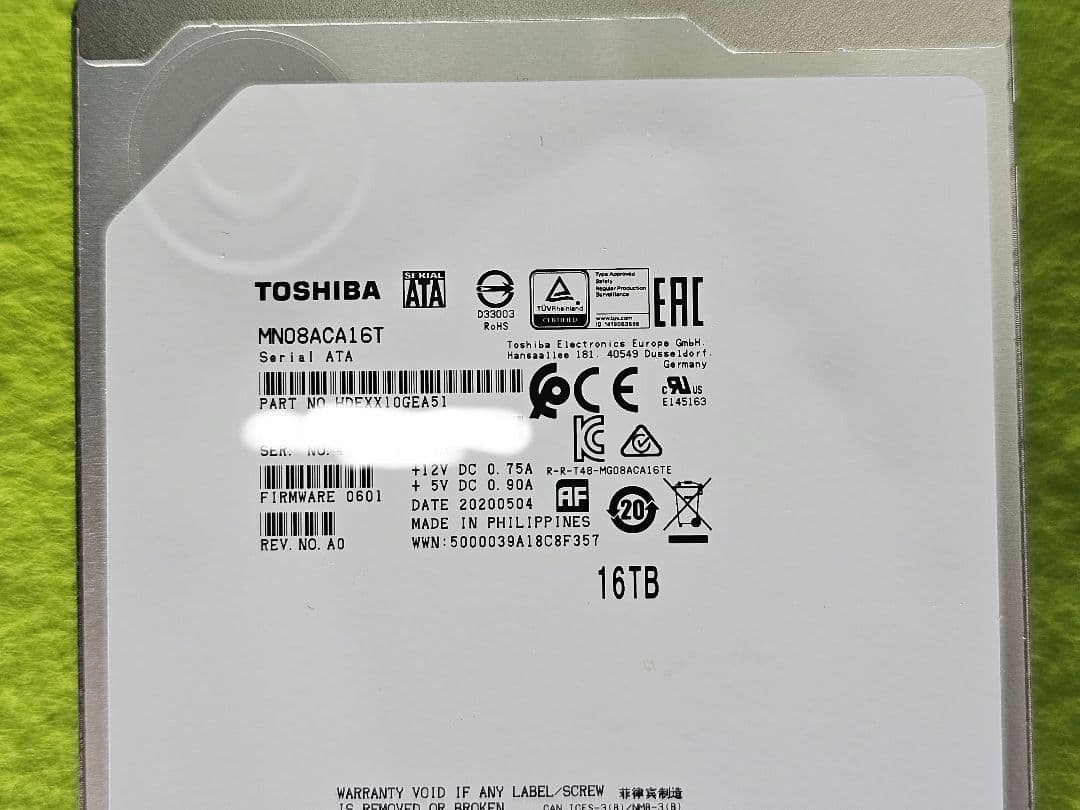 16TB　HDD TOSHIBA　MN08ACA16T　2台セット 稼働24時間