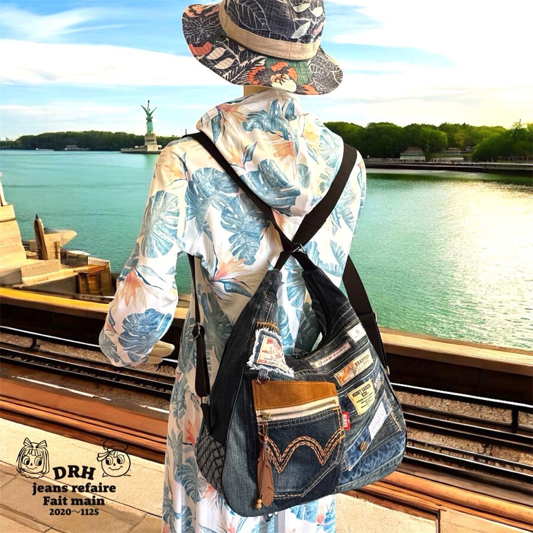 runranです〰️デニムリメイクバッグ 多機能性 Lサイズ