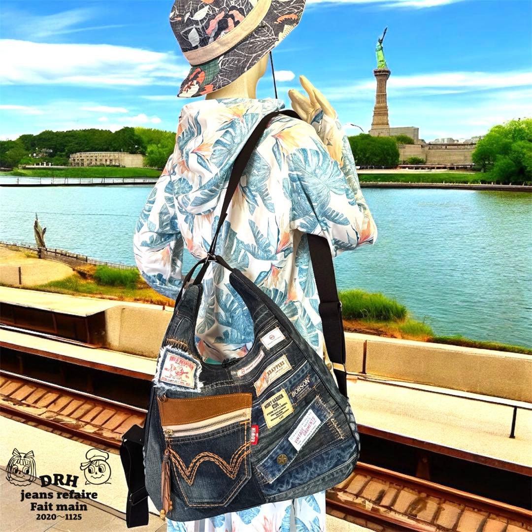 runranです〰️デニムリメイクバッグ 多機能性 Lサイズ