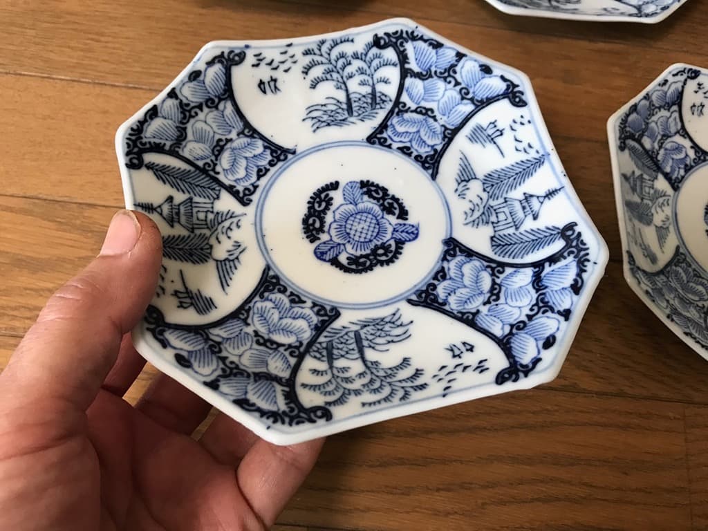 【アンティーク・江戸末期〜明治】古伊万里 染付 八角皿 14cm 5枚 小皿取皿
