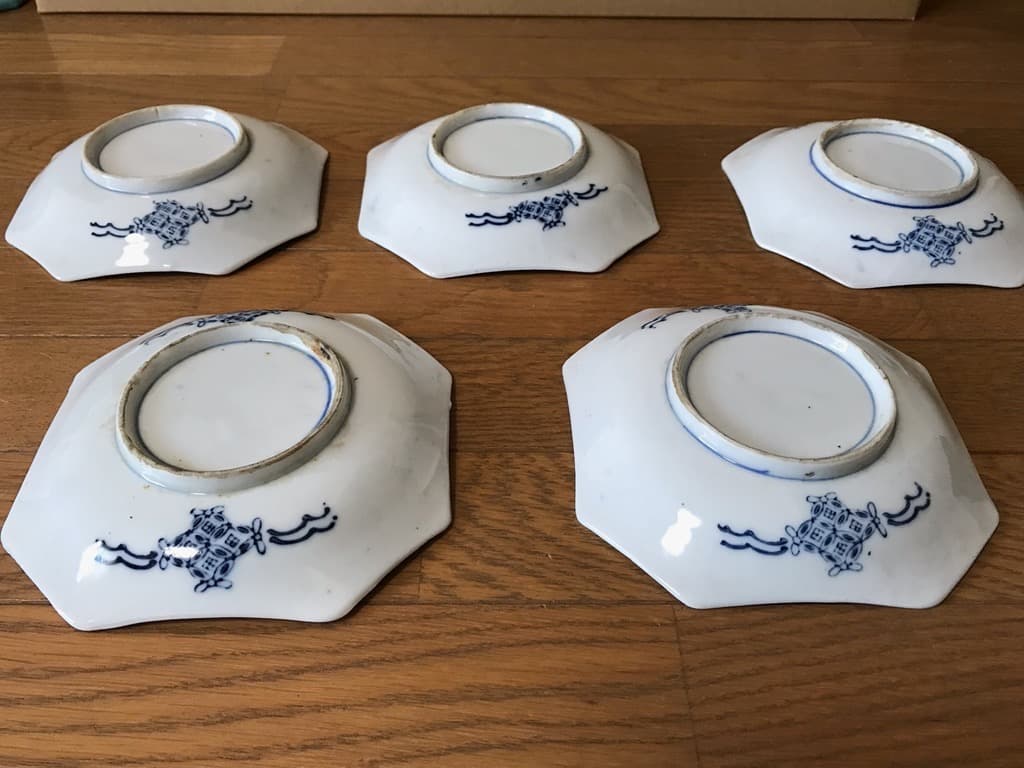 【アンティーク・江戸末期〜明治】古伊万里 染付 八角皿 14cm 5枚 小皿取皿
