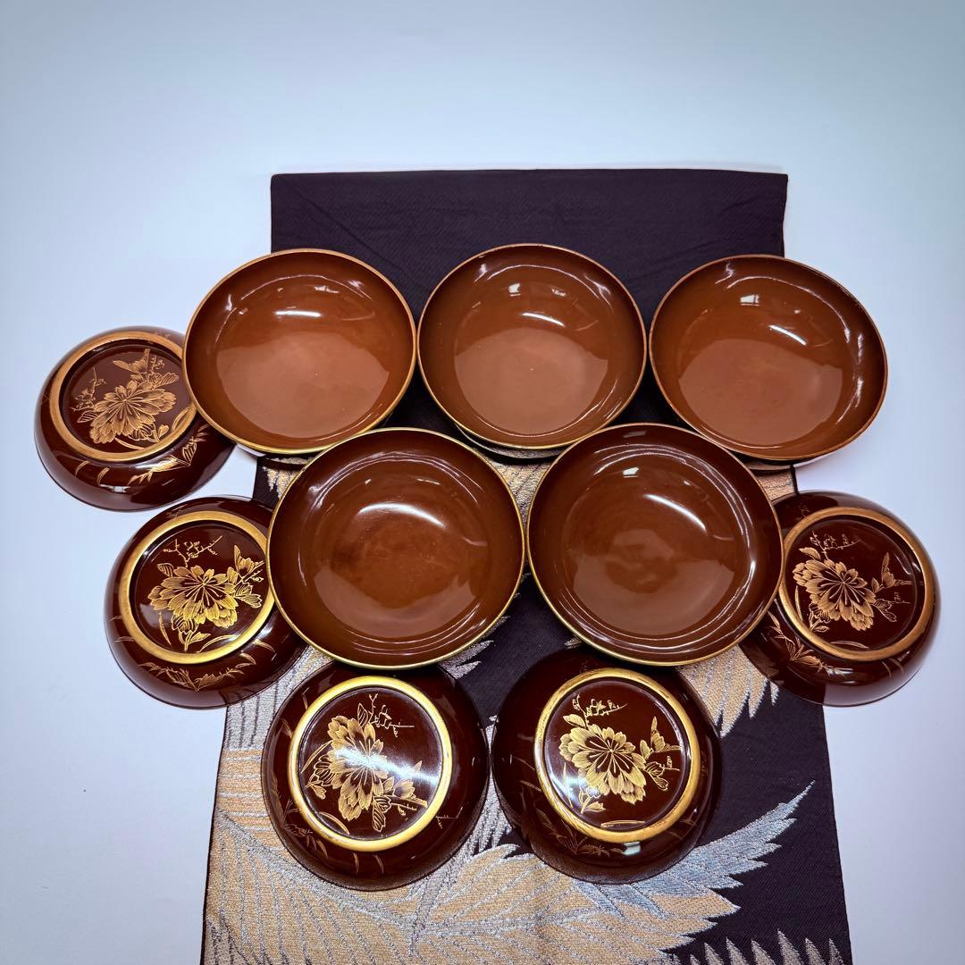 漆器　輪島塗　沈金　金蒔絵　木製　茶懐石膳　椀5客　骨董