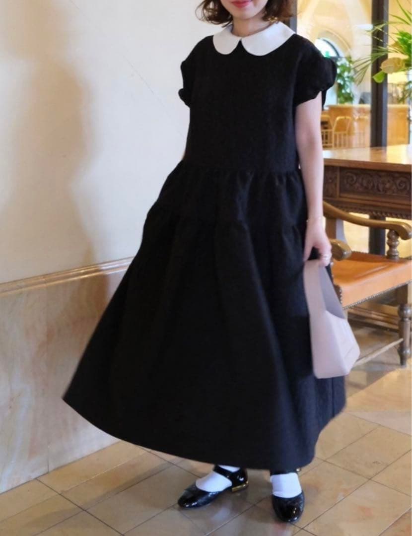 極美品 アンミヌ ミニラウンド ジャガード ドレス ティアード ワンピース F