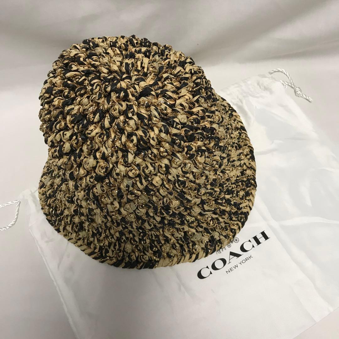 コーチ　未使用　麦わら帽子　メンズ　レディース　ベージュ×アイボリー×ゴールド