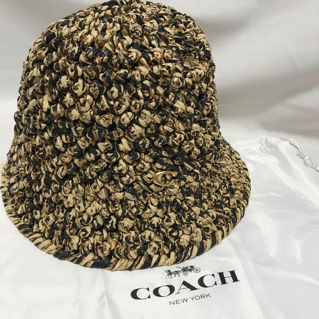 コーチ　未使用　麦わら帽子　メンズ　レディース　ベージュ×アイボリー×ゴールド