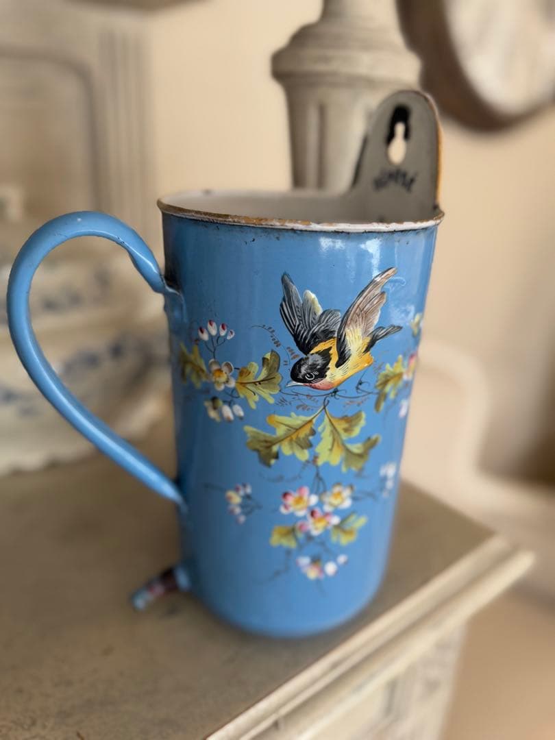 レア！フランスアンティーク水色黒い小鳥とお花手描きのホーローイリゲーター