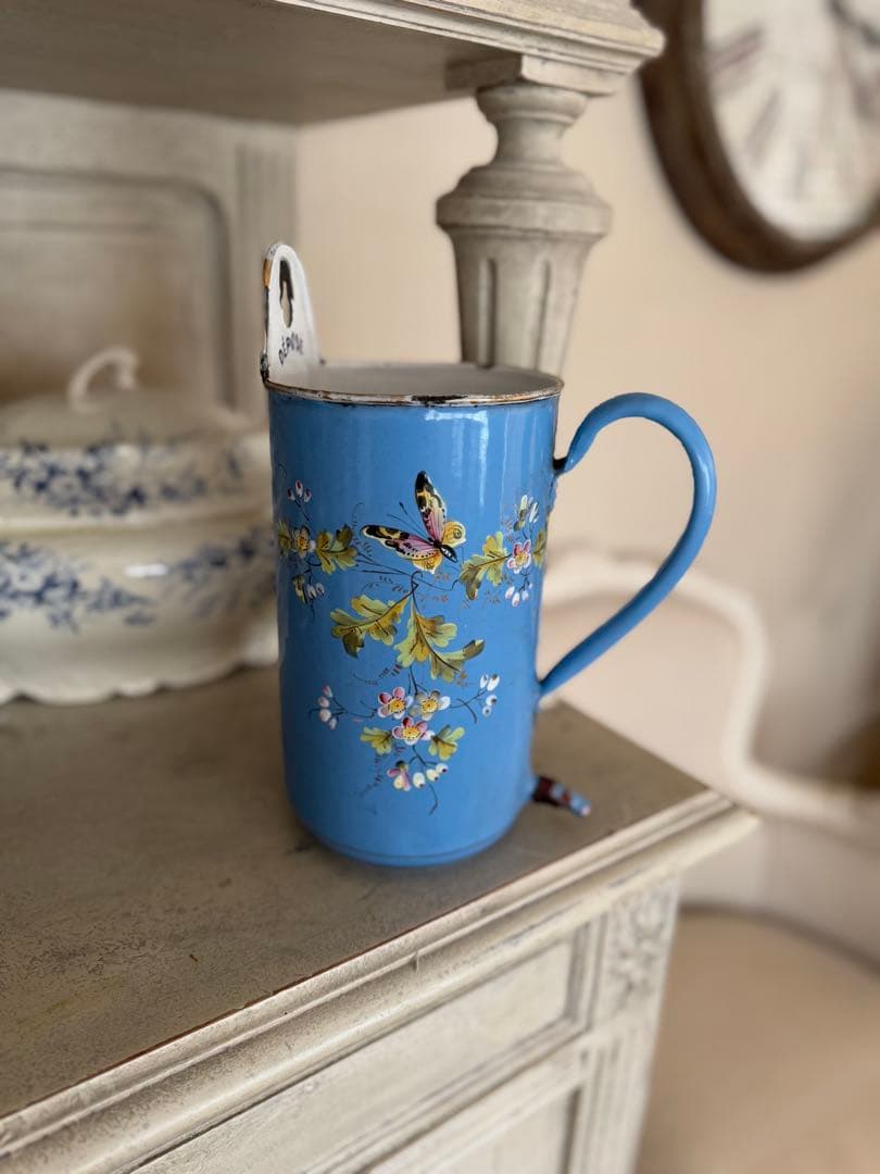 レア！フランスアンティーク水色黒い小鳥とお花手描きのホーローイリゲーター