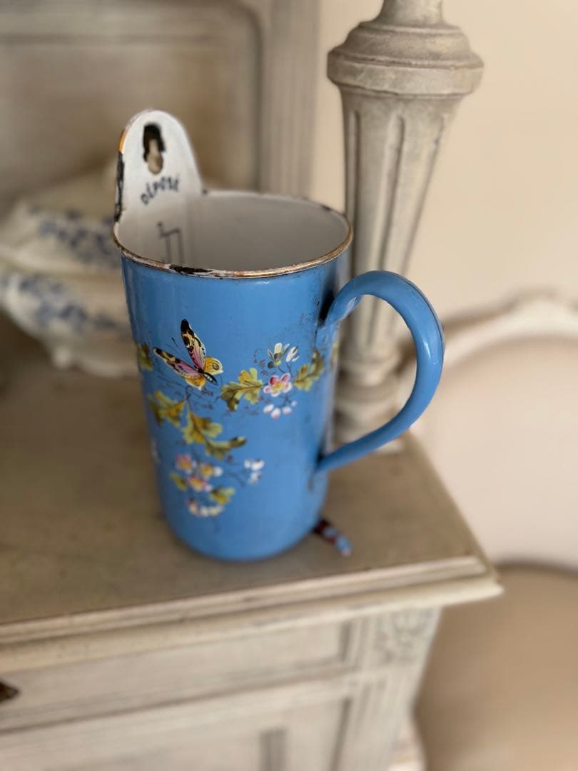 レア！フランスアンティーク水色黒い小鳥とお花手描きのホーローイリゲーター