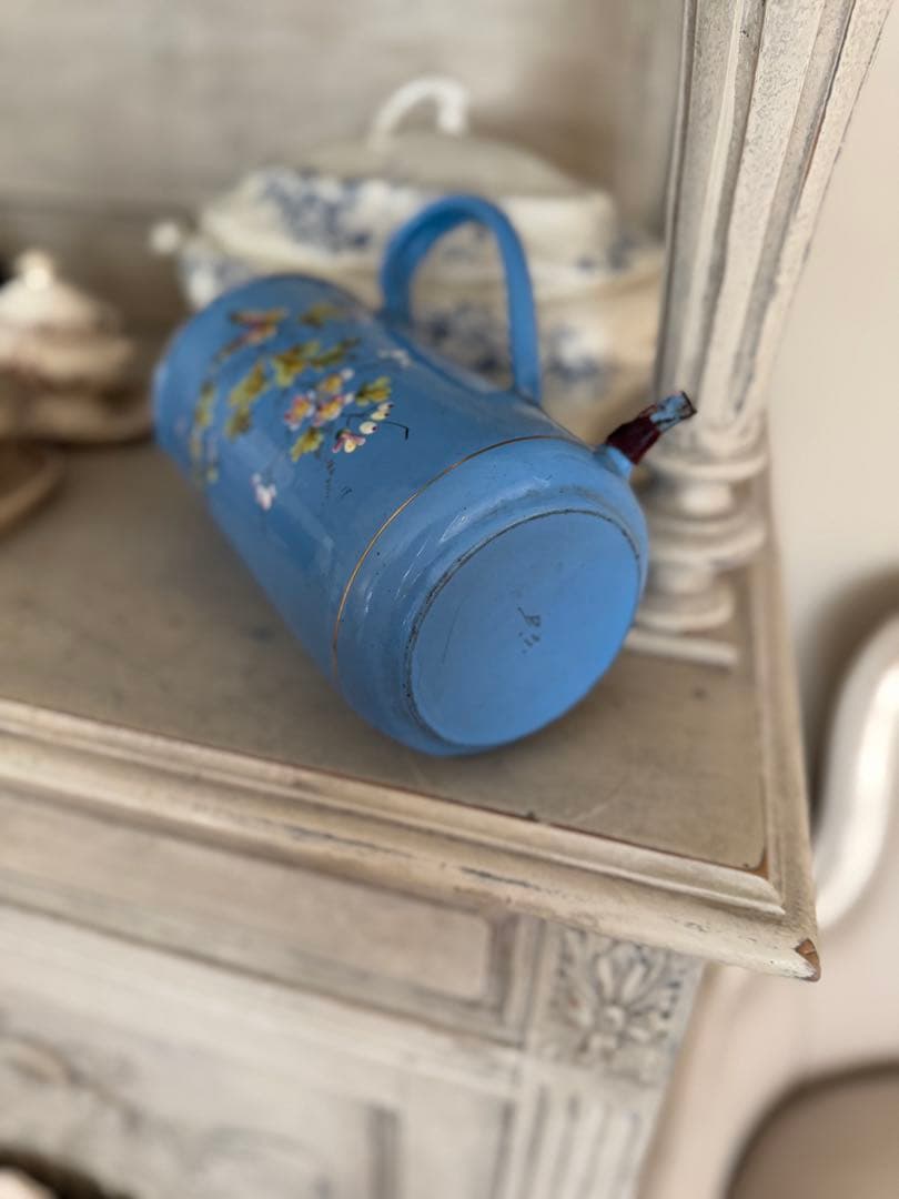 レア！フランスアンティーク水色黒い小鳥とお花手描きのホーローイリゲーター