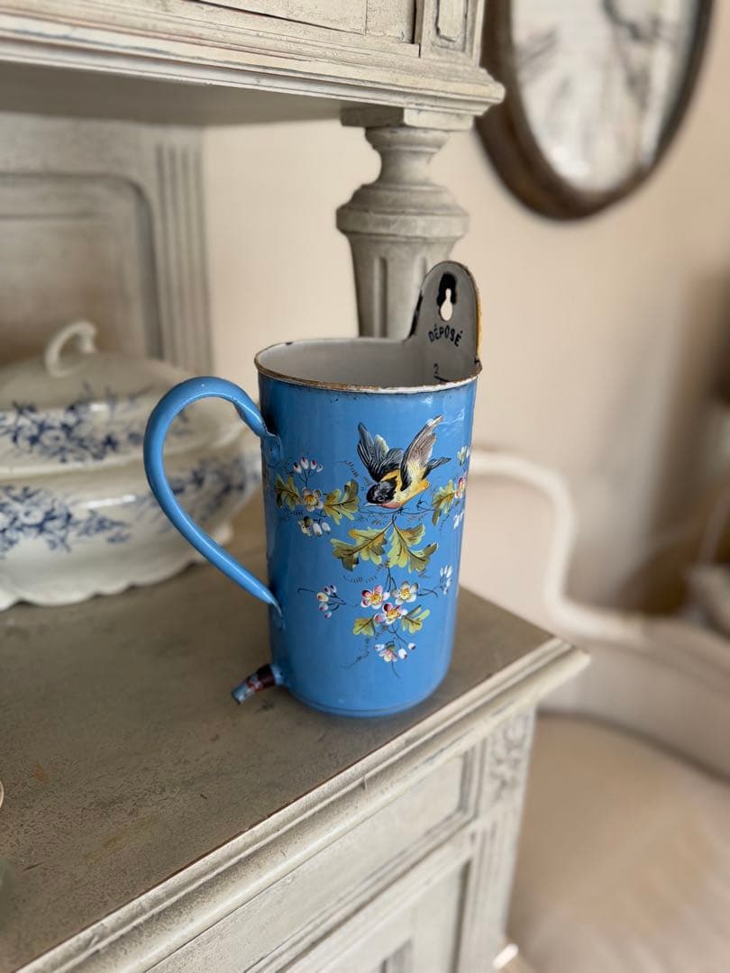 レア！フランスアンティーク水色黒い小鳥とお花手描きのホーローイリゲーター