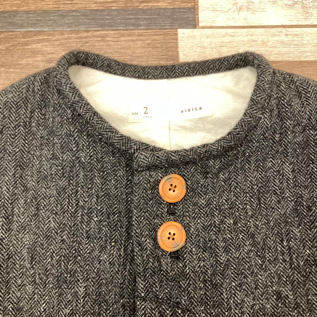 【nisica】ニシカ　日本製　ノーカラー ウール　リネン　ヘリンボーン
