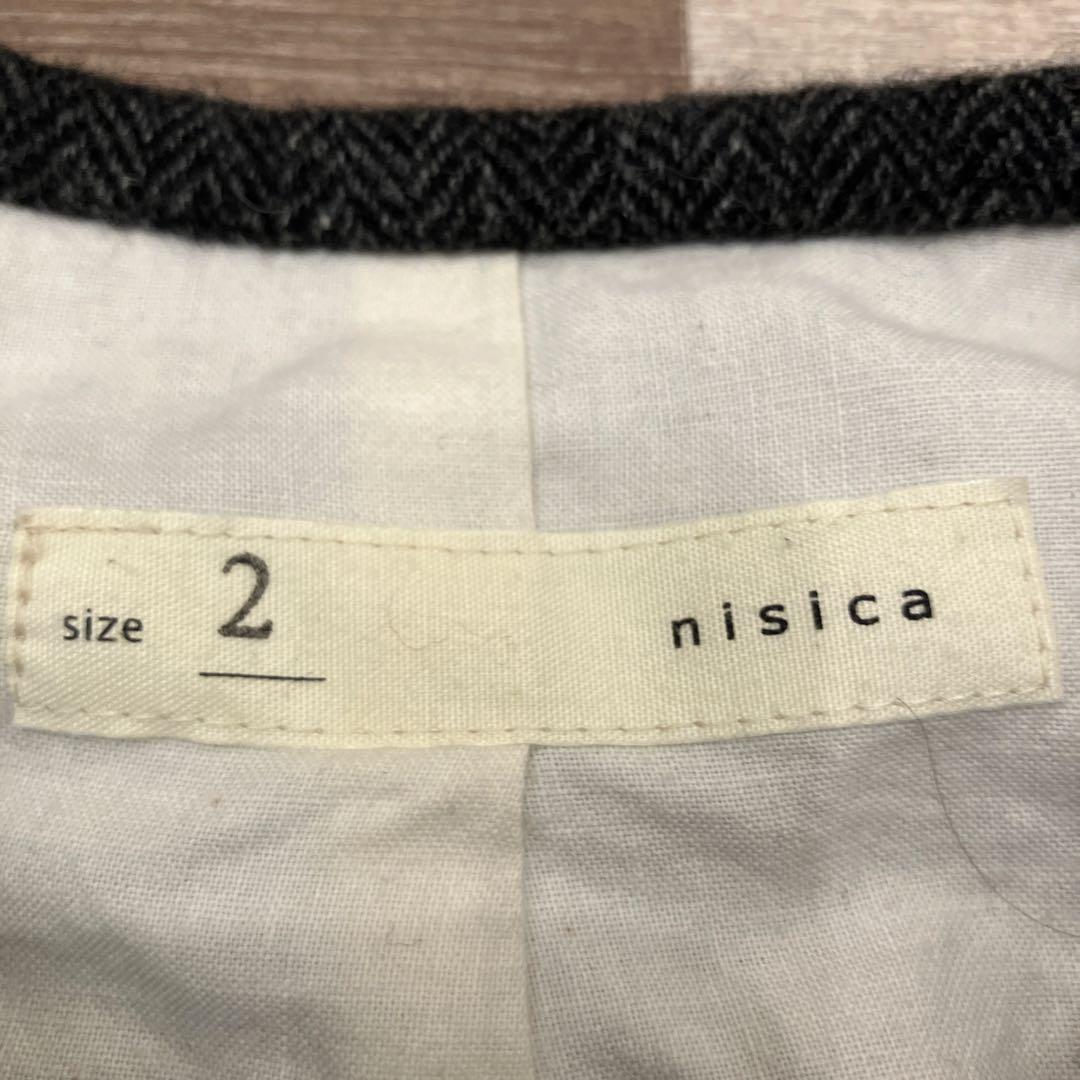 【nisica】ニシカ　日本製　ノーカラー ウール　リネン　ヘリンボーン
