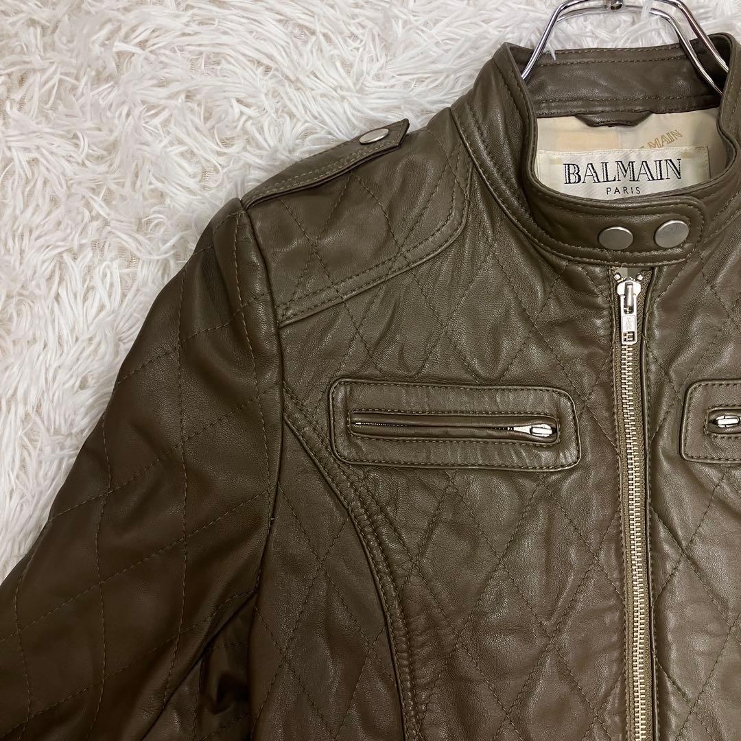 短丈 BALMAIN バルマン キルティング レザー ライダースジャケット 羊革