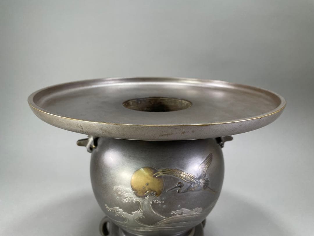 いけばな　池坊　古流　銅薄端　波鶴耳付　華道　銅器　花瓶