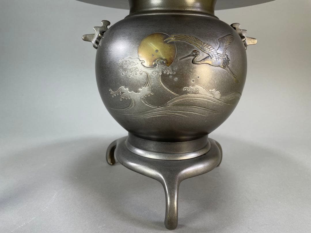 いけばな　池坊　古流　銅薄端　波鶴耳付　華道　銅器　花瓶