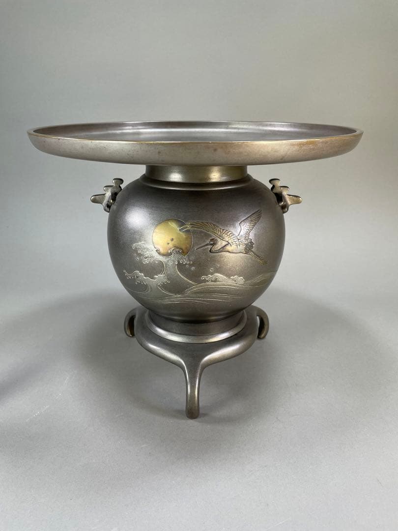 いけばな　池坊　古流　銅薄端　波鶴耳付　華道　銅器　花瓶