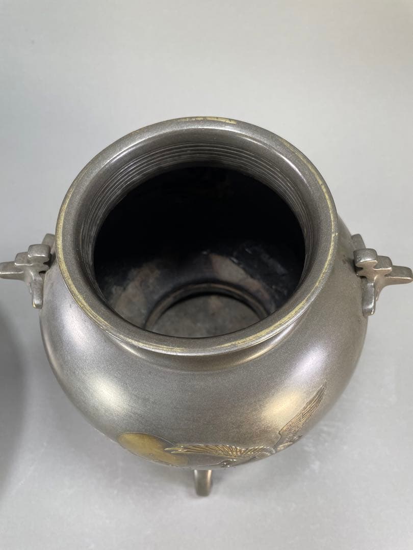 いけばな　池坊　古流　銅薄端　波鶴耳付　華道　銅器　花瓶