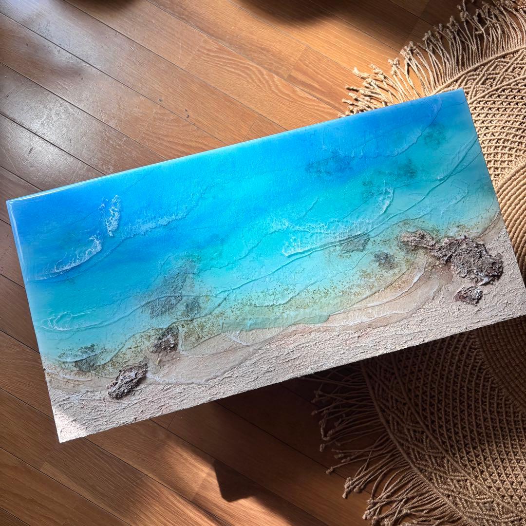 『沖縄の海を感じる』オーシャンレジンアート／立体アート／杉板30×60cm
